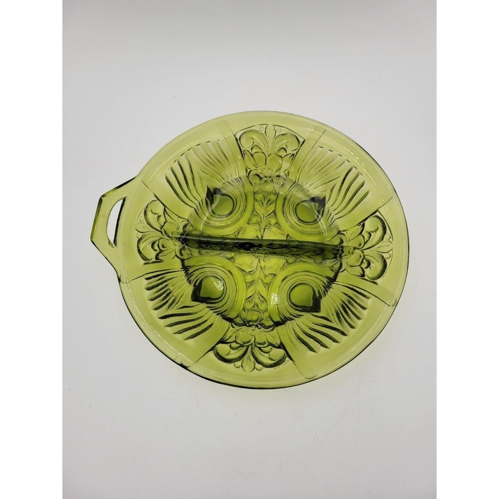 Vintage Indiana Glass One Handle Green Divided Candy Nut Serving Dish